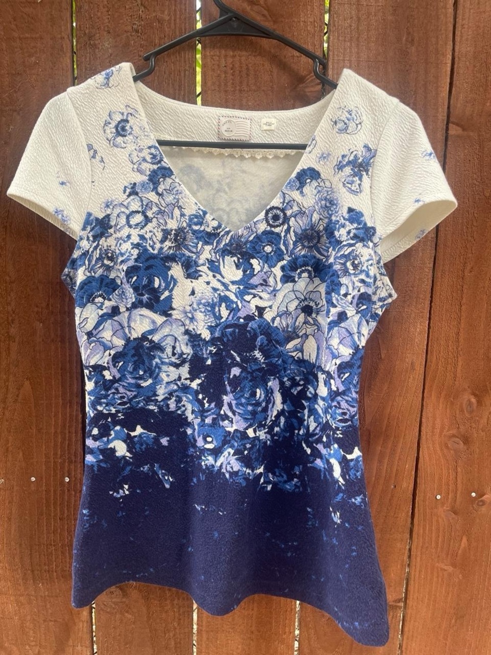 Anthropology Postmark Blue Floral Hourglass Cap Sleeve Elegant Classy Top Sz M